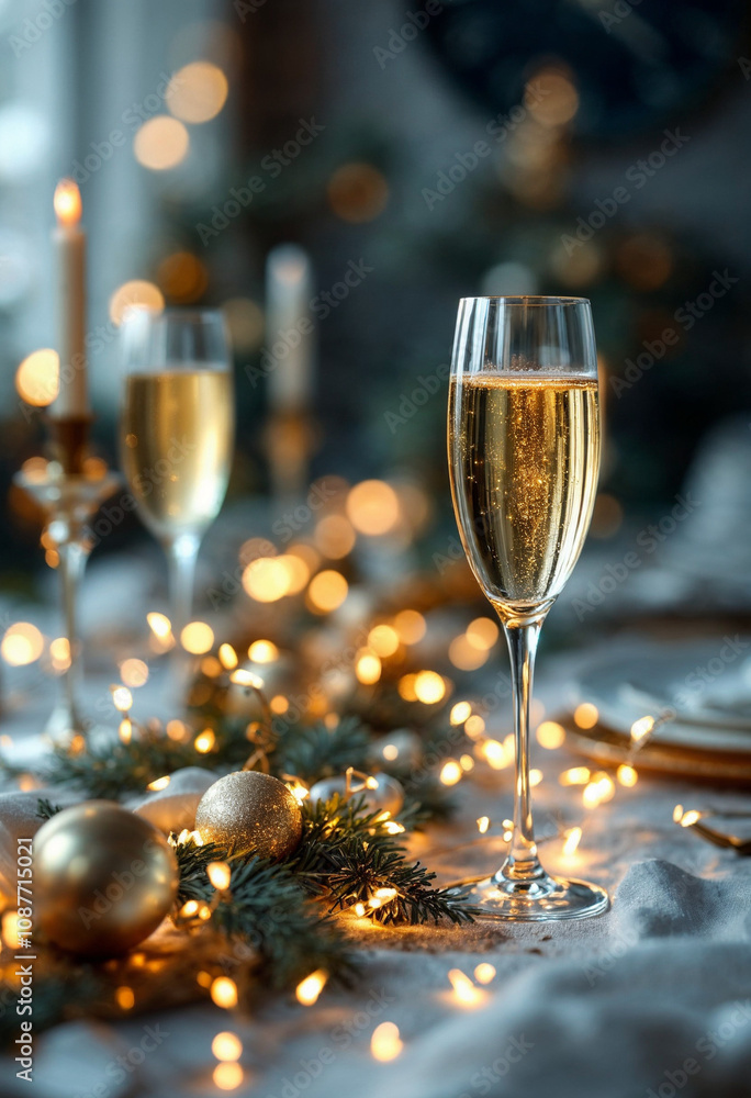 An elegant table setting with gold and silver decor, champagne flutes, and midnight clock.
An elegant table setting with gold and silver decor, champagne flutes, and midnight clock.