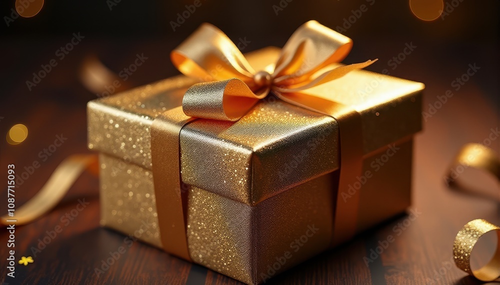 Gold glitter gift box tied with a satin ribbon on wooden surface, illuminated by warm ambient lights Gold glitter gift box tied with a satin ribbon on wooden surface, illuminated by warm ambient lights