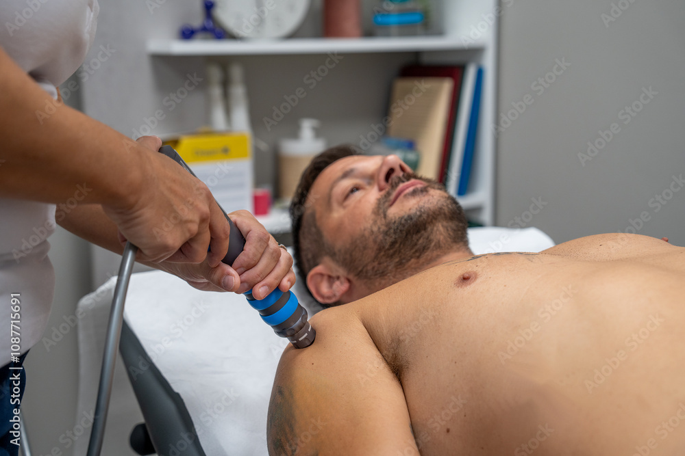 Expert administers targeted shockwave therapy to treat a man's shoulder pain