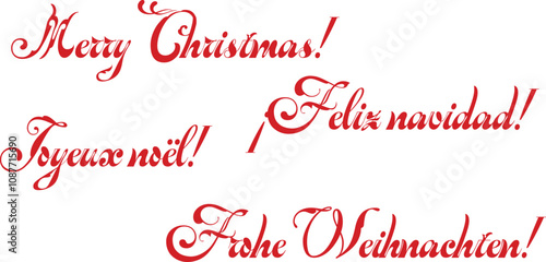 Text Merry Christmas in English, German, French, Spanish languages on white isolated background