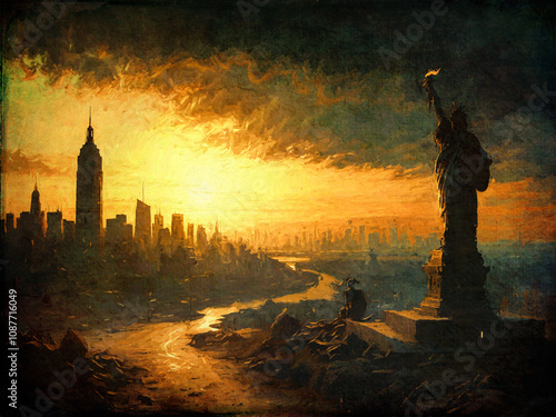 Dunkelheit über New York: Ein surrealer Sonnenuntergang mit der Freiheitsstatue und der Skyline in mysteriösem Licht