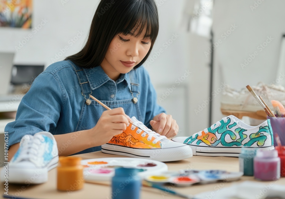Young asian woman customizing sneakers with colorful paint in her art studio Young asian woman customizing sneakers with colorful paint in her art studio