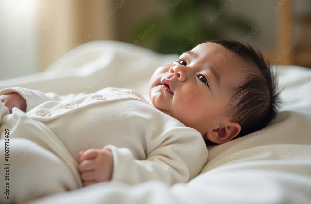 Serene baby lies peacefully in a light-filled, tranquil room Serene baby lies peacefully in a light-filled, tranquil room