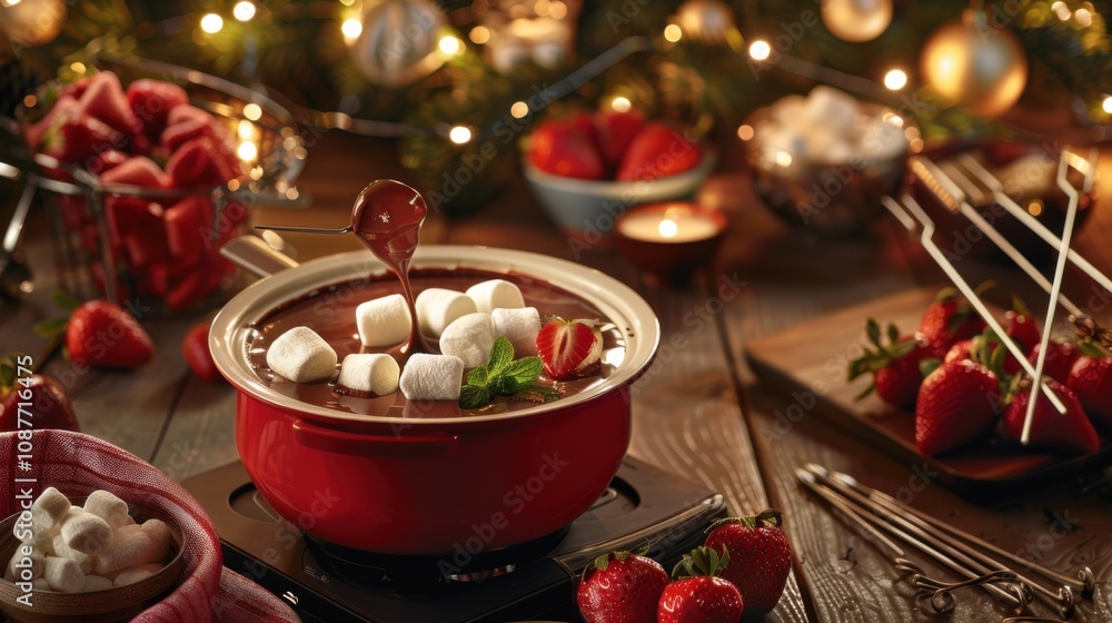 A luxurious chocolate fondue with strawberries, marshmallows A luxurious chocolate fondue with strawberries, marshmallows