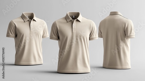 Beige Polo T-Shirt Mockup with Three Views. Generative AI