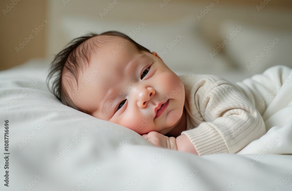 Sweet baby gazing softly in neutral tones on a cozy bed Sweet baby gazing softly in neutral tones on a cozy bed