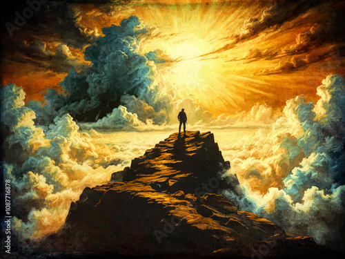 Obraz na płótnie Ein einzelner Wanderer steht auf einem Gipfel über dramatischen Wolken, während das Sonnenlicht den Himmel erfüllt w salonie