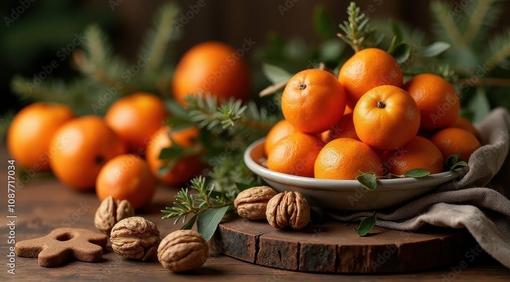 A rustic table features a bowl of vibrant tangerines surrounded by walnuts and evergreen branches, creating a cozy and festive atmosphere A rustic table features a bowl of vibrant tangerines surrounded by walnuts and evergreen branches, creating a cozy and festive atmosphere