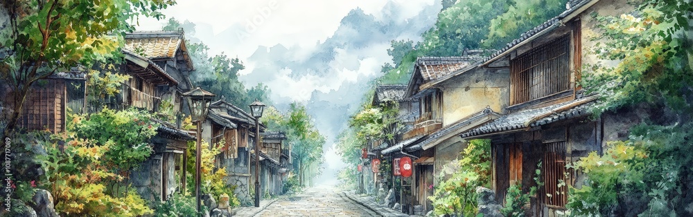 Serene Bamboo Village Street Lined with Traditional Homes in Nature Serene Bamboo Village Street Lined with Traditional Homes in Nature