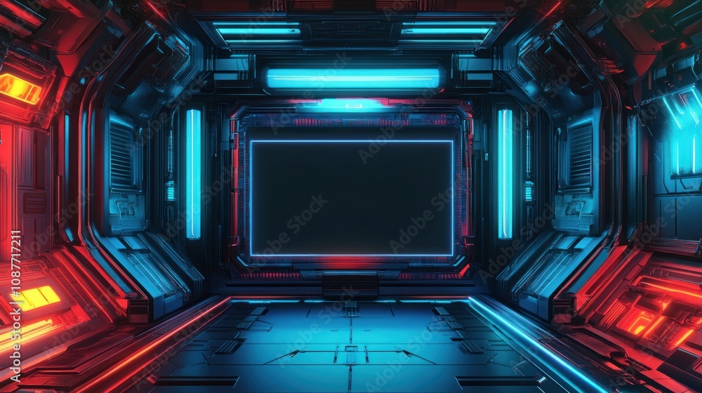 The architectural appearance of the modern room with futuristic neon lights background wallpaper AI generated image