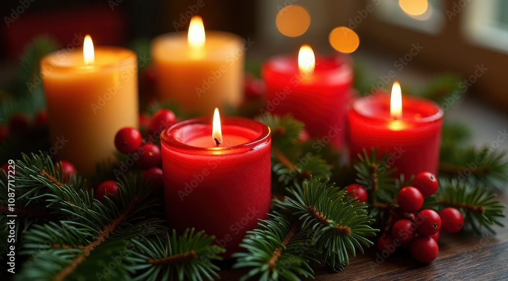 Lit red candles surrounded by evergreen branches and berries, creating a cozy holiday atmosphere