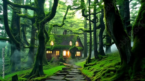 Enchanted forest cabin with glowing lights and misty ambiance