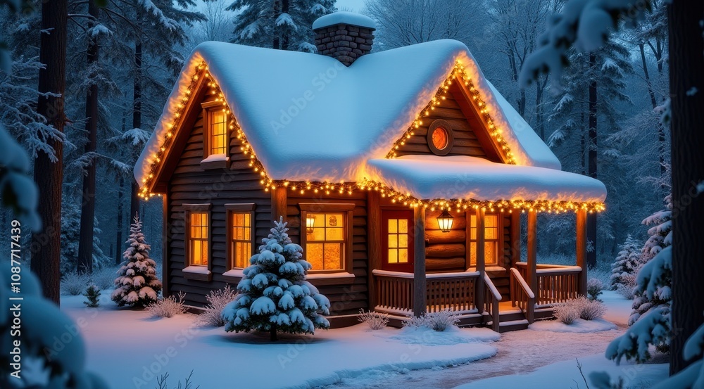A cozy log cabin decorated with warm lights, surrounded by snow and evergreen trees in a magical winter scene A cozy log cabin decorated with warm lights, surrounded by snow and evergreen trees in a magical winter scene