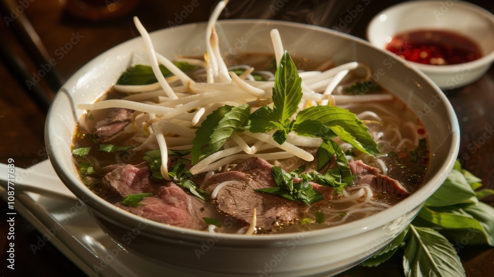 A mouthwatering bowl of beef pho with thinly sliced beef, rice noodles A mouthwatering bowl of beef pho with thinly sliced beef, rice noodles