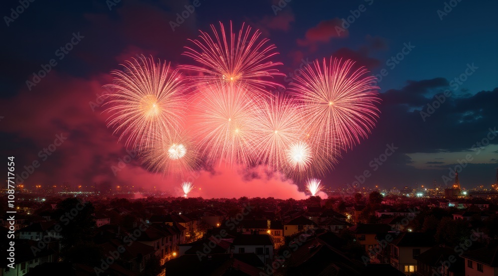 Obraz premium Bright red and gold fireworks illuminate the night sky over a cityscape, celebrating the New Year