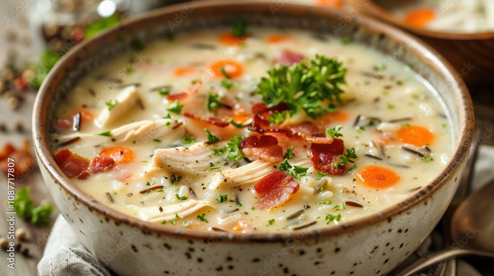 A mouthwatering bowl of creamy chicken and wild rice soup garnished with crispy bacon and chopped parsley, Soup bowl centered A mouthwatering bowl of creamy chicken and wild rice soup garnished with crispy bacon and chopped parsley, Soup bowl centered