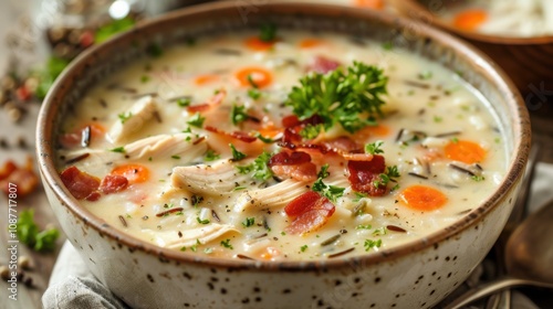 A mouthwatering bowl of creamy chicken and wild rice soup garnished with crispy bacon and chopped parsley, Soup bowl centered