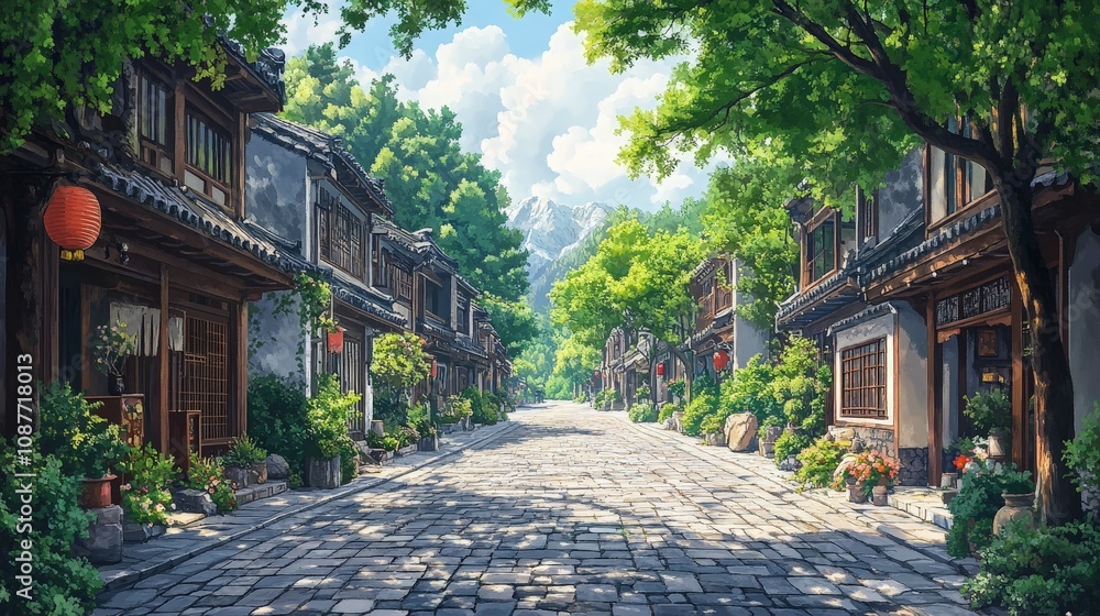 Serene bamboo forest path in traditional village setting Serene bamboo forest path in traditional village setting