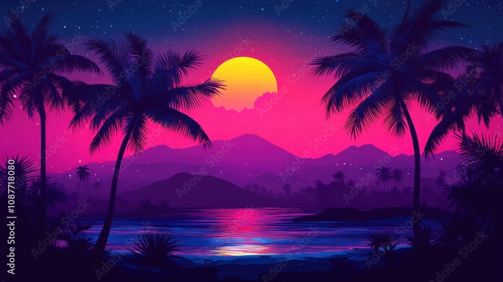 Naklejka premium Palm Trees Silhouetted Against Vibrant Sunset Over Tropical Ocean