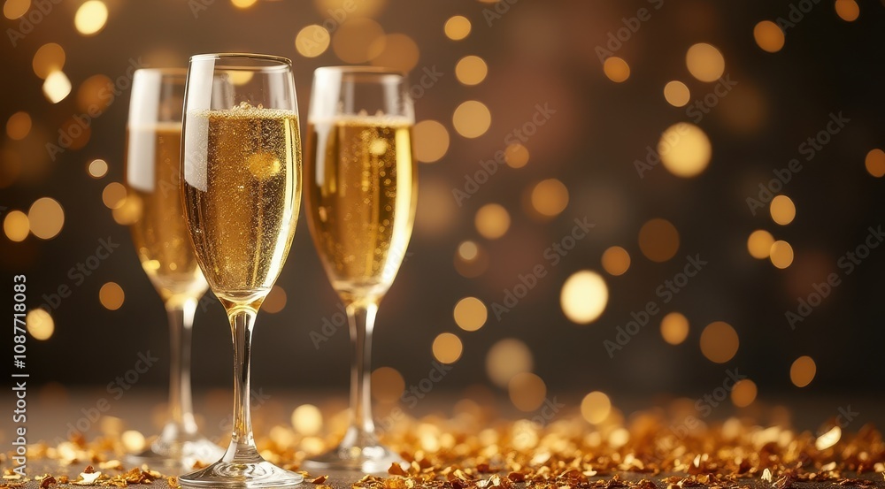 Champagne glasses with golden bubbles surrounded by festive confetti, celebrating the New Year Champagne glasses with golden bubbles surrounded by festive confetti, celebrating the New Year
