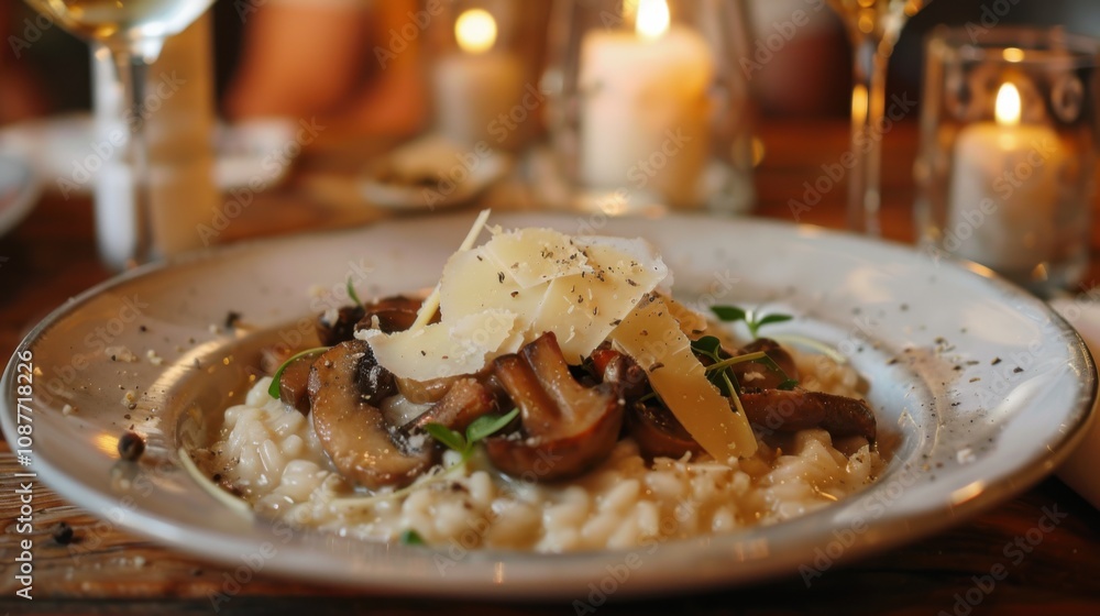 A mouthwatering bowl of creamy mushroom risotto topped with shaved Parmesan cheese, Risotto plated elegantly A mouthwatering bowl of creamy mushroom risotto topped with shaved Parmesan cheese, Risotto plated elegantly