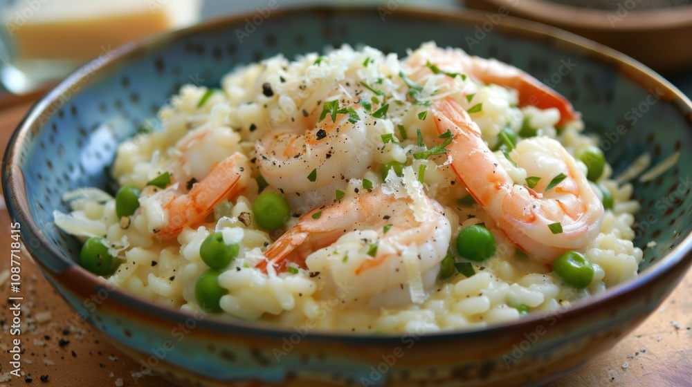 A mouthwatering bowl of creamy risotto, studded with plump shrimp A mouthwatering bowl of creamy risotto, studded with plump shrimp