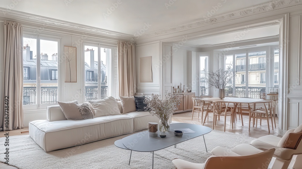 Parisian Apartment Interior with White Sofa and Dining Area Parisian Apartment Interior with White Sofa and Dining Area