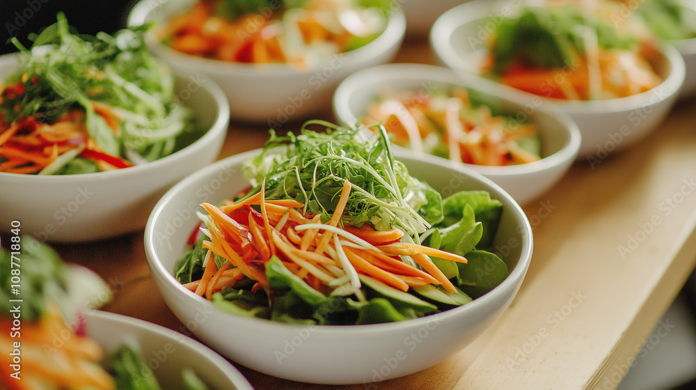 Colorful bowls of fresh salad with leafy greens, shredded carrots, and herbs, arranged on a wooden counter, ideal for healthy eating and diet concepts. Colorful bowls of fresh salad with leafy greens, shredded carrots, and herbs, arranged on a wooden counter, ideal for healthy eating and diet concepts.