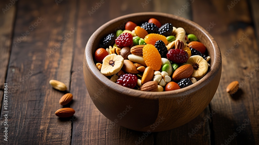 A rustic bowl filled with a vibrant trail mix of nuts, seeds, and dried fruits, offering a balanced A rustic bowl filled with a vibrant trail mix of nuts, seeds, and dried fruits, offering a balanced