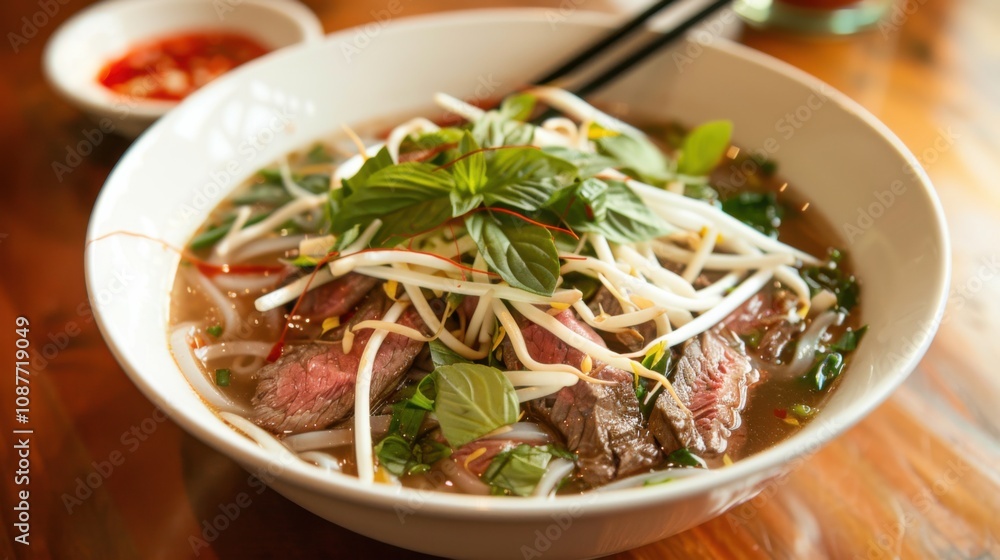 A mouthwatering bowl of Vietnamese pho with tender slices of beef, rice noodles A mouthwatering bowl of Vietnamese pho with tender slices of beef, rice noodles