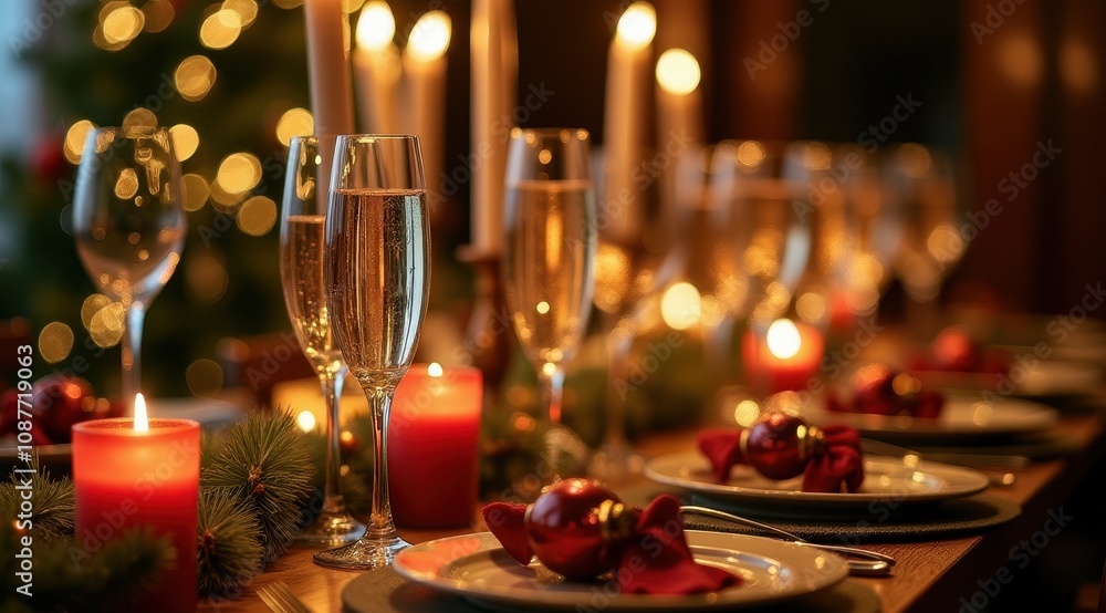Festive dining table with champagne glasses, candles, and holiday decorations creating a warm and inviting Christmas atmosphere Festive dining table with champagne glasses, candles, and holiday decorations creating a warm and inviting Christmas atmosphere