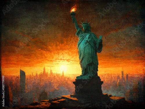 Die Freiheitsstatue in New York bei Sonnenuntergang über der Skyline der Stadt