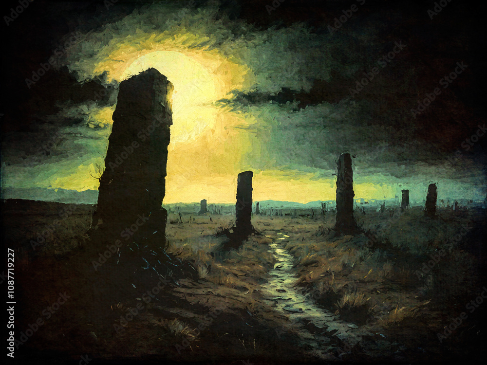 Impressionistische Landschaft mit mystischen Steinen unter einem beleuchteten Himmel in der Dämmerung