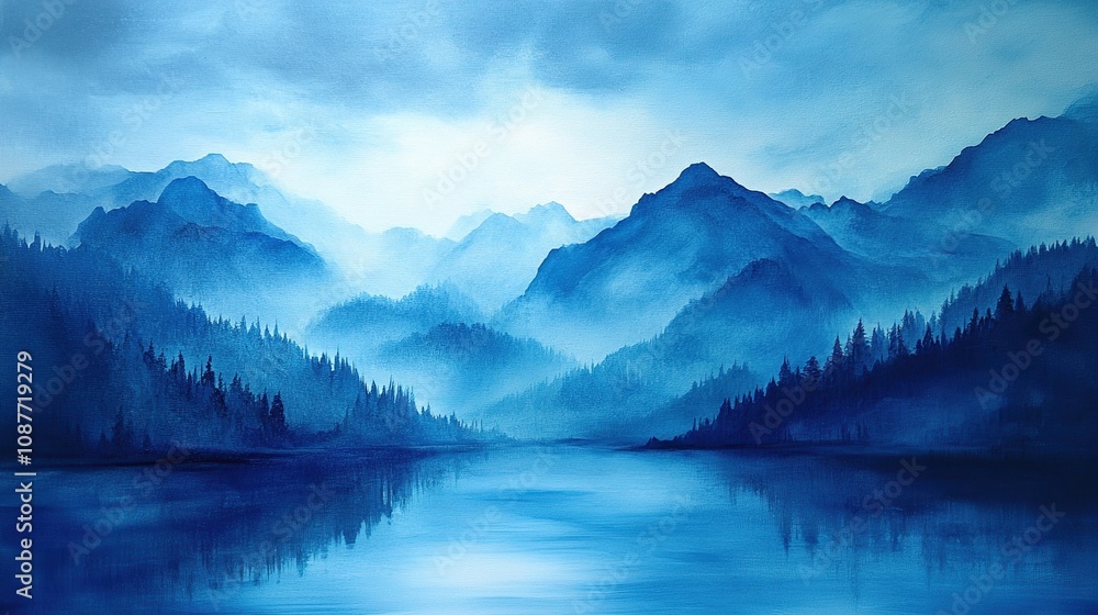 Serene blue landscape with mountains and a reflective lake under a cloudy sky. Serene blue landscape with mountains and a reflective lake under a cloudy sky.