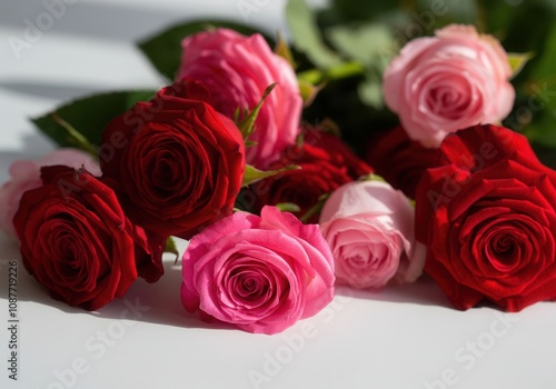 Wallpaper Mural Pink and red roses composing a beautiful bouquet lying on a white surface Torontodigital.ca