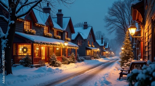 Quaint snow-covered village street decorated with holiday lights during a winter evening