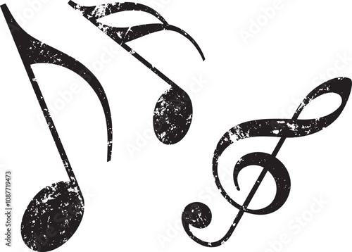 Grunge Musical Notes and Clefs Collection. Vector Distressed Textures Set. Blank Shapes. Vector Illustration. Black isolated on white. EPS10.
