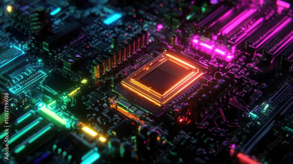 Fototapeta premium Background motherboard circuit neon rainbow glowing futuristic technology wallpaper AI generated image