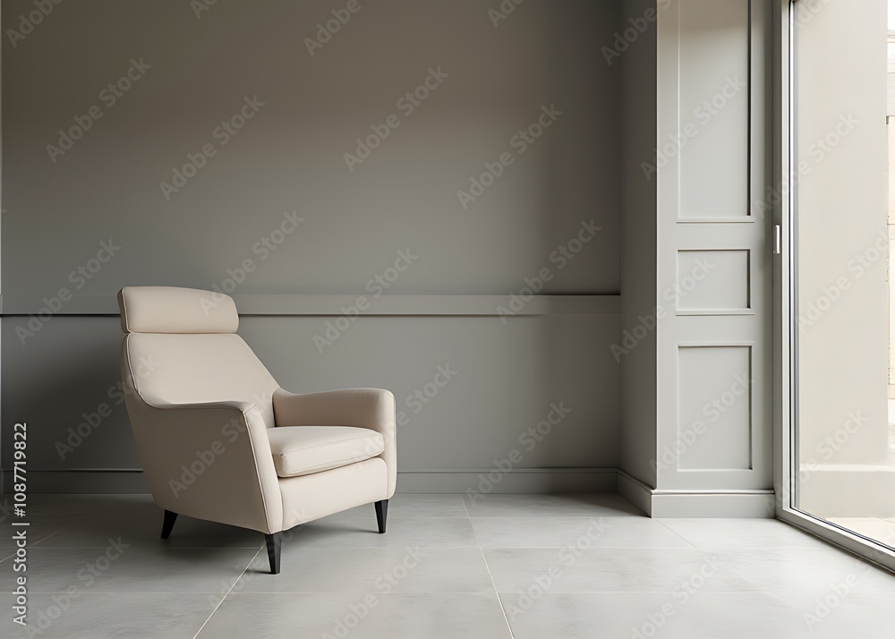 minimalist beige chair sits in a gray room with textured walls and clean lines, showcasing modern design and neutral tones in a coworking space. minimalist beige chair sits in a gray room with textured walls and clean lines, showcasing modern design and neutral tones in a coworking space.