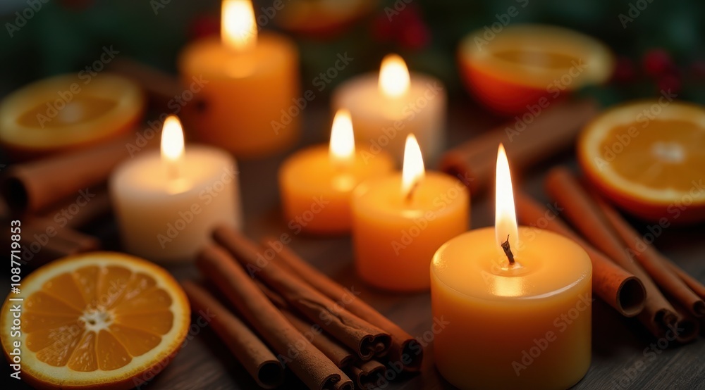 Cozy candles glowing warmly with cinnamon sticks and orange slices create a festive and aromatic atmosphere in this inviting setup Cozy candles glowing warmly with cinnamon sticks and orange slices create a festive and aromatic atmosphere in this inviting setup