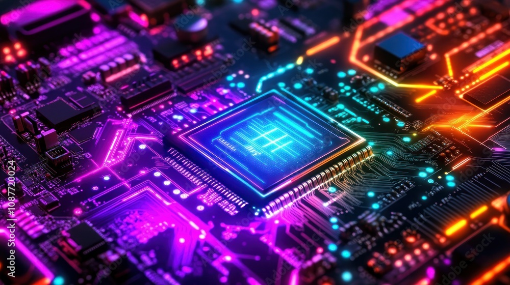 Background motherboard circuit neon rainbow glowing futuristic technology wallpaper AI generated image Background motherboard circuit neon rainbow glowing futuristic technology wallpaper AI generated image