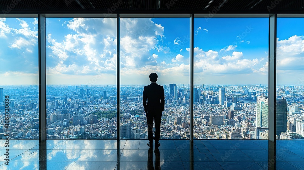 A silhouette of a person gazing out at a vast cityscape through large glass windows. A silhouette of a person gazing out at a vast cityscape through large glass windows.
