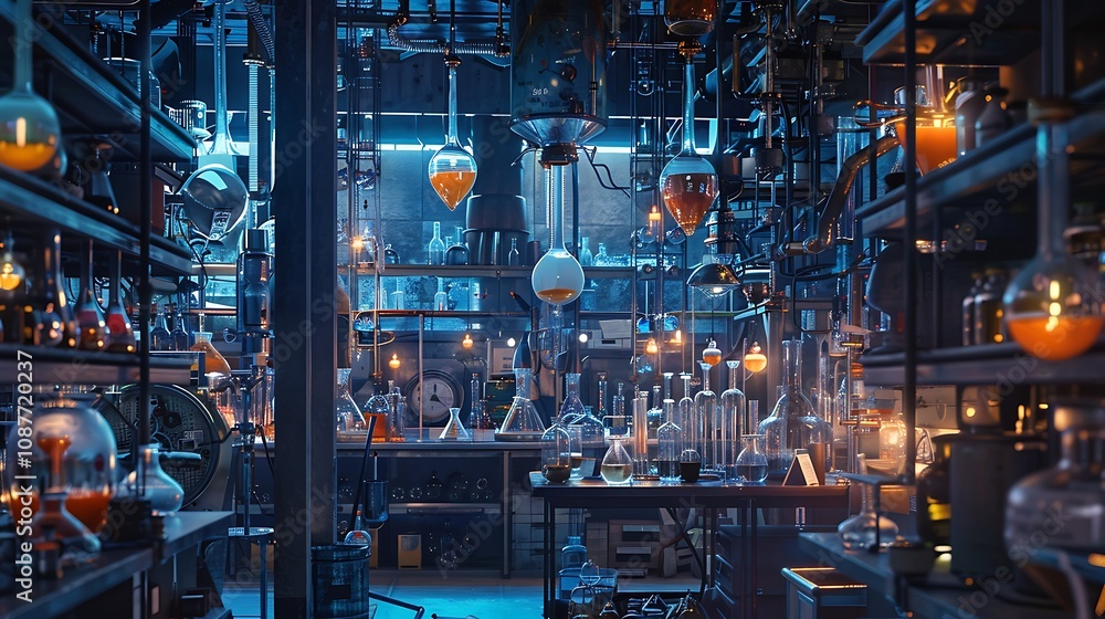 A chemistry laboratory with a complex network of glassware connected by tubes, and chemical reactions bubbling away in controlled environments. A chemistry laboratory with a complex network of glassware connected by tubes, and chemical reactions bubbling away in controlled environments.