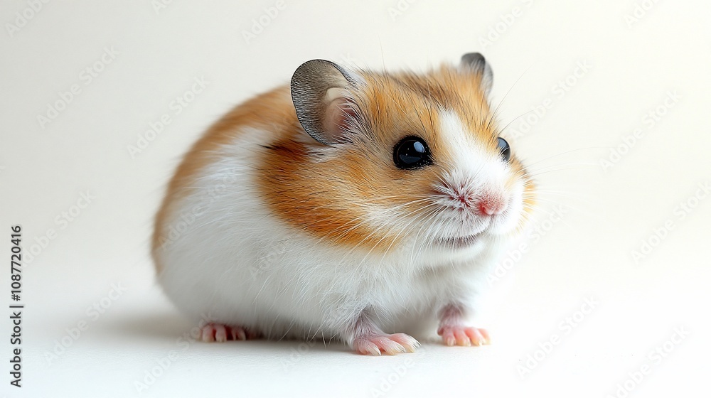 A cute, fluffy hamster with orange and white fur, sitting against a light background. A cute, fluffy hamster with orange and white fur, sitting against a light background.