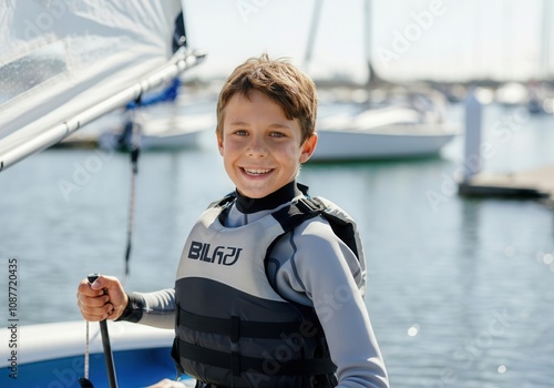 Portrait of smiling young caucasian boy wearing life jacket sailing dinghy on sunny day photo