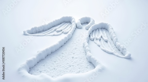 Snow angel imprint in freshly fallen snow creating a serene winter scene