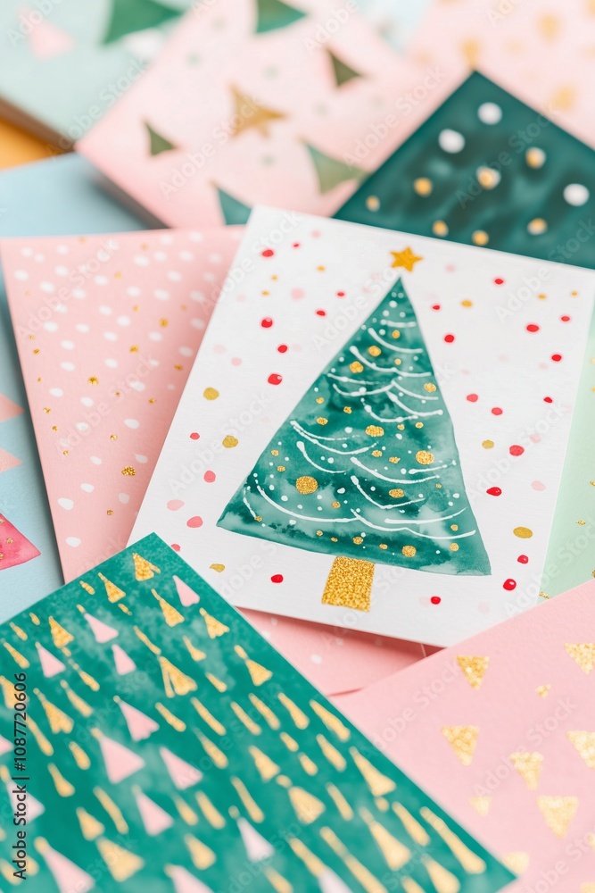 Obraz premium Christmas Card Day many Christmas cards stacked in a pile top view, cards have watercolor and modern memphis prints with Christmas trees, December 9