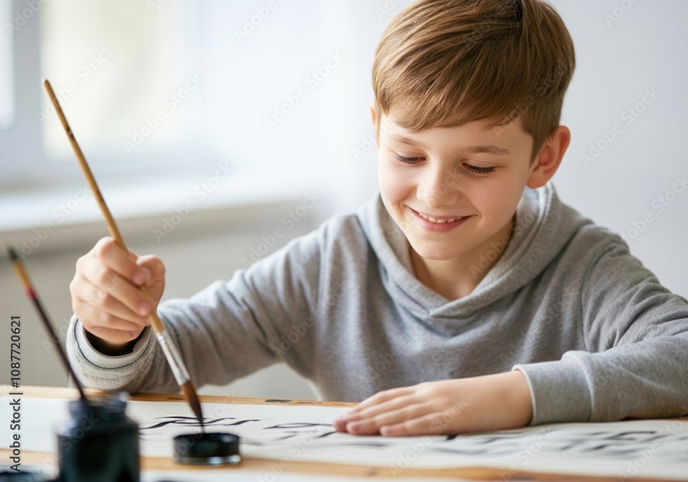 Young boy with light brown hair smiling and practicing calligraphy with a brush and ink, enjoying traditional art Young boy with light brown hair smiling and practicing calligraphy with a brush and ink, enjoying traditional art