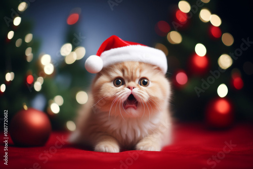 Surprised funny cat in Santa hat sitting with a new year decor in background