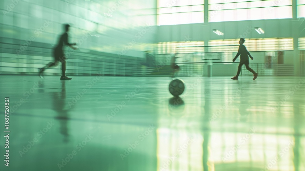 Blurry figures glide across the polished indoor field chasing after the ball. Blurry figures glide across the polished indoor field chasing after the ball.